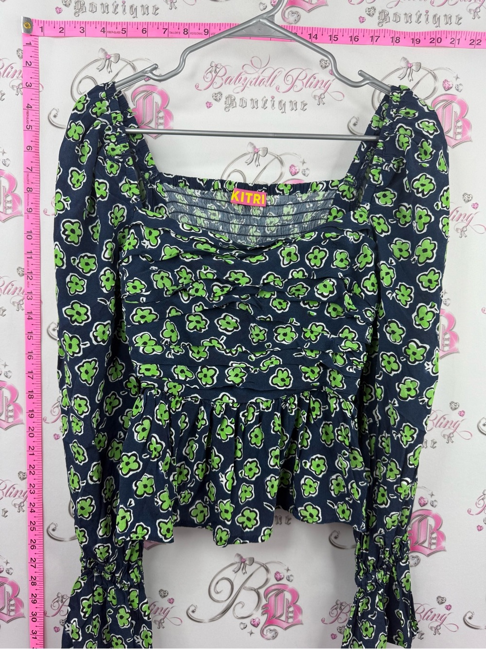 KITRI shirt milkmaid Navy Floral Peplum Tunic Top with Green Print